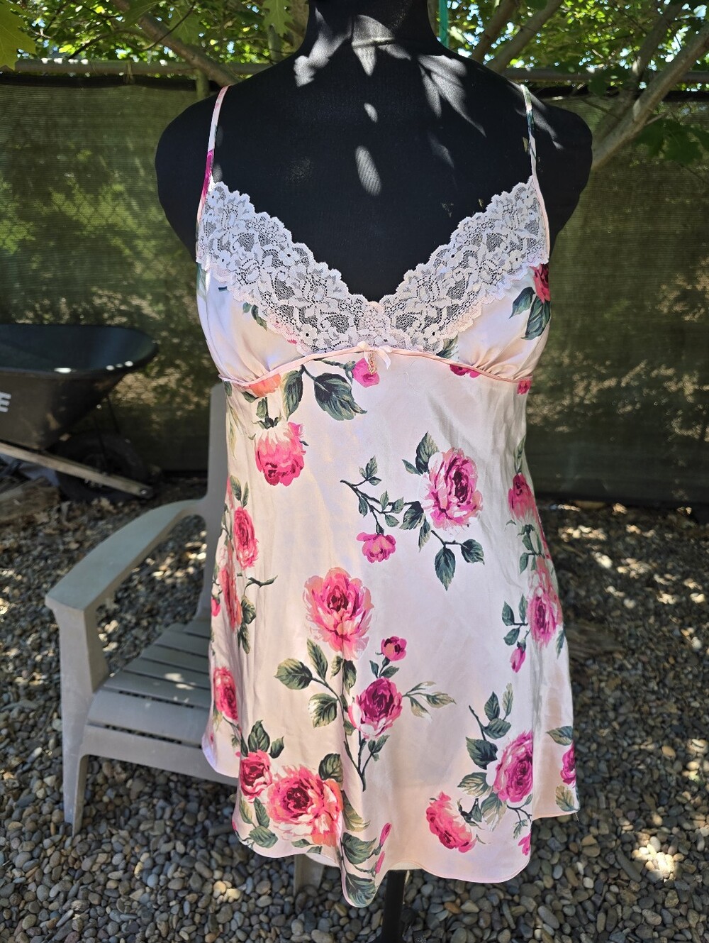 Y2K Floral Pink Satin Slip Dress Lingerie Negligee Romantic Soft Girl Dolce Vita